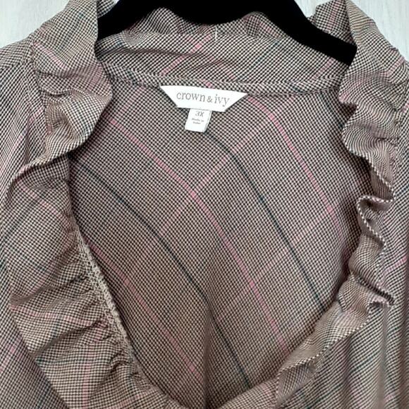 Crown Ivy Brown Pink Green Long Sleeve Top Frilly Collar Size 3x - Picture 2 of 5